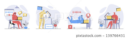 Podcast streaming concept set in flat design for web. Collection with people in headphones broadcasting, radio host talks in microphone, creating audio content, follower listen. Vector illustrations. Podcast streaming concept set in flat design for web. Collection with people in headphones broadcasting, radio host talks in microphone, creating audio content, follower listen. Vector illustrations. 139766431