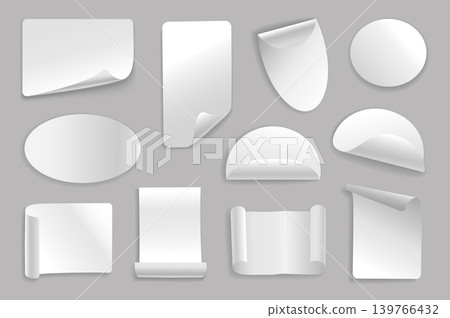 White paper stickers set elements in flat graphic design. Bundle objects of rectangular, oval, round shapes of adhesive tags with curled corners, blank labels with curve edges. Vector illustration. 139766432