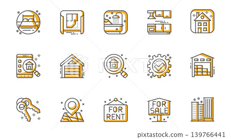 Real estate icons set in outline stroke design for web. Pack line pictograms with bedroom, blueprint, bathroom, kitchen, home, house search, garage, research market, key, other. Vector illustration. Real estate icons set in outline stroke design for web. Pack line pictograms with bedroom, blueprint, bathroom, kitchen, home, house search, garage, research market, key, other. Vector illustration. 139766441