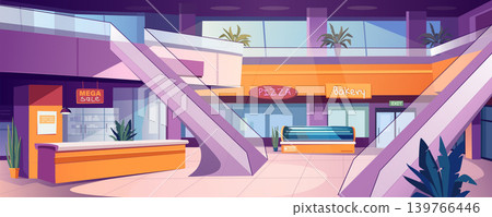 Shopping mall indoor background banner for game design. Large mall interior with escalators in hall, pizza cafeteria, bakery shop and other stores, showcases and showrooms. Vector cartoon illustration Shopping mall indoor background banner for game design. Large mall interior with escalators in hall, pizza cafeteria, bakery shop and other stores, showcases and showrooms. Vector cartoon illustration 139766446