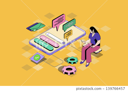 Messaging services web concept in 3d isometric graphic design. Isometry people scene with woman using mobile app for sending emails, chatting with friends, commenting online. Vector illustration. Messaging services web concept in 3d isometric graphic design. Isometry people scene with woman using mobile app for sending emails, chatting with friends, commenting online. Vector illustration. 139766457