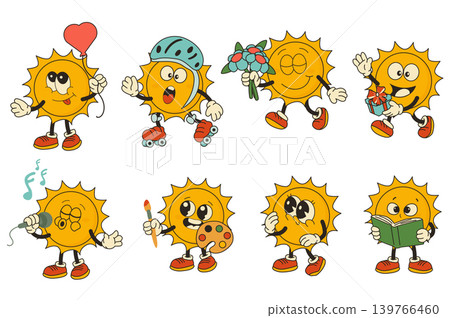 Groovy sun character set in flat graphic design. Collection isolated elements with retro cute mascot with love balloon, roller skating, holds bouquet, singing, painting, other. Vector illustration. Groovy sun character set in flat graphic design. Collection isolated elements with retro cute mascot with love balloon, roller skating, holds bouquet, singing, painting, other. Vector illustration. 139766460