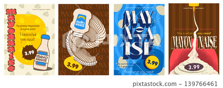 Mayonnaise cover typography template for advertising design. Food posters and greeting cards with condiment sauce in plastic bottle, pouring cream, eggs ingredient, grocery menu. Vector illustration. Mayonnaise cover typography template for advertising design. Food posters and greeting cards with condiment sauce in plastic bottle, pouring cream, eggs ingredient, grocery menu. Vector illustration. 139766461