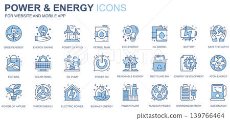 Power and energy web icons set in duotone line design. Pack of green, petrol tank, eco, oil barrel, battery, solar panel, recycling bin, renewable, other outline stroke pictograms. Vector illustration Power and energy web icons set in duotone line design. Pack of green, petrol tank, eco, oil barrel, battery, solar panel, recycling bin, renewable, other outline stroke pictograms. Vector illustration 139766464