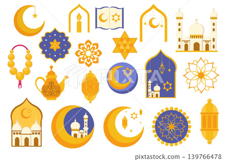 Ramadan Kareem set in flat graphic design. Collection elements of crescent moon, star, candle, koran book, mosque, flowers, teapot, windows, lanterns, other islam holiday signs. Vector illustration. Ramadan Kareem set in flat graphic design. Collection elements of crescent moon, star, candle, koran book, mosque, flowers, teapot, windows, lanterns, other islam holiday signs. Vector illustration. 139766478