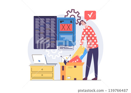 Web development concept in modern flat design for web. Man developing and programming layout interface on screens, engineering digital project, making research and doing settings. Vector illustration. Web development concept in modern flat design for web. Man developing and programming layout interface on screens, engineering digital project, making research and doing settings. Vector illustration. 139766487