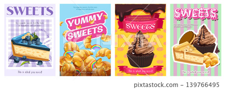 Sweets cover typography template for advertising design. Food posters and greeting cards with cakes, cheesecakes, croissants, chocolate cupcakes and other confectionery desserts. Vector illustration. Sweets cover typography template for advertising design. Food posters and greeting cards with cakes, cheesecakes, croissants, chocolate cupcakes and other confectionery desserts. Vector illustration. 139766495