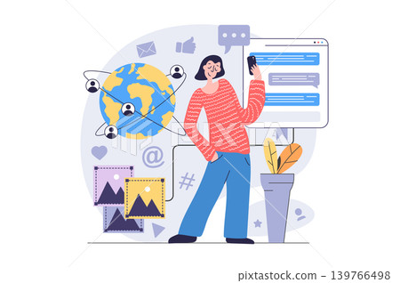 Social network concept in modern flat design for web. Woman sending messages and emails, chatting with global friends, sharing information online, making photo posts in blog. Vector illustration. Social network concept in modern flat design for web. Woman sending messages and emails, chatting with global friends, sharing information online, making photo posts in blog. Vector illustration. 139766498