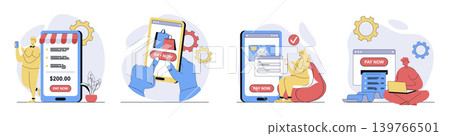 Online payment concept set in flat design for web. Collection with people getting digital bill form at sceen and paying by purchases, making financial transactions in mobile app. Vector illustrations. Online payment concept set in flat design for web. Collection with people getting digital bill form at sceen and paying by purchases, making financial transactions in mobile app. Vector illustrations. 139766501