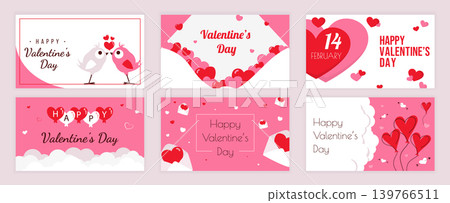 Valentines Day cover typography templates set for social media. Greeting cards design with bird couple kiss, love letters, 14 february date, heart balloons, romantic envelopes. Vector illustration. Valentines Day cover typography templates set for social media. Greeting cards design with bird couple kiss, love letters, 14 february date, heart balloons, romantic envelopes. Vector illustration. 139766511