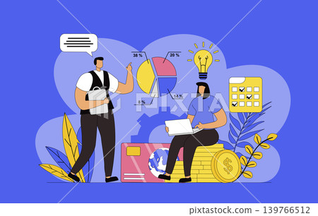 Financial management concept with modern flat design for web. Man and woman counting data and analyzing budget, inspecting statistics and banking reports, planning their finance. Vector illustration. Financial management concept with modern flat design for web. Man and woman counting data and analyzing budget, inspecting statistics and banking reports, planning their finance. Vector illustration. 139766512