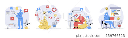 Social network concept set in flat design for web. Collection with people connecting online with internet friends, sharing photos and videos, making online posts, browsing feeds. Vector illustrations. Social network concept set in flat design for web. Collection with people connecting online with internet friends, sharing photos and videos, making online posts, browsing feeds. Vector illustrations. 139766513