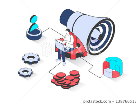 Marketing 3d isometric concept with isometry people design for web. Man with huge megaphone doing advertising campaign, analyzing audience information and making online promotion. Vector illustration. 139766515
