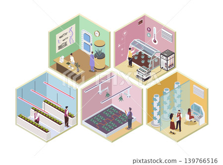 Modern agricultural 3d isometric rooms concept in isometry graphic design for web. People working in smart greenhouse and vertical growth farm, researching plants in laboratory. Vector illustration. 139766516
