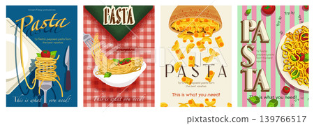 Pasta cover typography template for advertising design. Food posters and greeting cards with pasta on forks with tomatoes and basil leaves, italian spaghetti, noodles meal, other. Vector illustration. Pasta cover typography template for advertising design. Food posters and greeting cards with pasta on forks with tomatoes and basil leaves, italian spaghetti, noodles meal, other. Vector illustration. 139766517