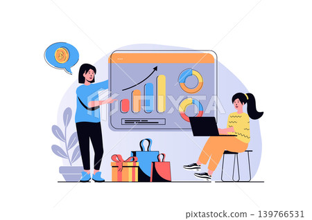 Sales performance web concept with cartoon people design. Women making financial graph analysis, work with business statistics presentation. Flat vector illustration isolated on white background. Sales performance web concept with cartoon people design. Women making financial graph analysis, work with business statistics presentation. Flat vector illustration isolated on white background. 139766531