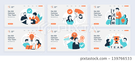 Teamwork concept of landing page with slide templates set in flat design. Website headers with people working together, solving problems, brainstorming and developing new ideas. Vector illustrations. Teamwork concept of landing page with slide templates set in flat design. Website headers with people working together, solving problems, brainstorming and developing new ideas. Vector illustrations. 139766533