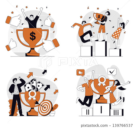 Business award concept set in flat design for web. Collection with people working together and achieving career goals and targets, celebrating victory with golden trophy cup. Vector illustrations. Business award concept set in flat design for web. Collection with people working together and achieving career goals and targets, celebrating victory with golden trophy cup. Vector illustrations. 139766537