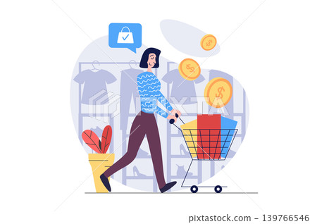 Shopping concept in modern flat design for web. Woman with supermarket cart doing bargain purchases at boutique showrooms and clothes stores, buying products with best prices. Vector illustration. Shopping concept in modern flat design for web. Woman with supermarket cart doing bargain purchases at boutique showrooms and clothes stores, buying products with best prices. Vector illustration. 139766546