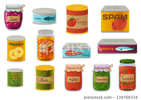 Cans preserved products set in flat graphic design. Collection isolated elements of glass and aluminum packing with jam, tuna, tomato, pineapple, salmon, green peas, olive, other. Vector illustration. Cans preserved products set in flat graphic design. Collection isolated elements of glass and aluminum packing with jam, tuna, tomato, pineapple, salmon, green peas, olive, other. Vector illustration. 139766558