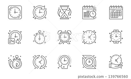 Time management icons set in outline stroke design for web. Pack line pictograms with clock, deadline, timeline, hourglass, calendar, alarm, timer, stopwatch, countdown, other. Vector illustration. Time management icons set in outline stroke design for web. Pack line pictograms with clock, deadline, timeline, hourglass, calendar, alarm, timer, stopwatch, countdown, other. Vector illustration. 139766560