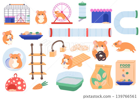 Hamster and pet accessories set elements in flat graphic design. Collection of cute domestic rodent, cage, feeder, drinker, food package, wheel, tunnel, ladder, toys and other. Vector illustration. Hamster and pet accessories set elements in flat graphic design. Collection of cute domestic rodent, cage, feeder, drinker, food package, wheel, tunnel, ladder, toys and other. Vector illustration. 139766561