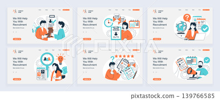 Recruitment concept of landing page with slide templates set in flat design. Website headers with people finding staff, searching best cv online, interviewing candidates, hiring. Vector illustrations. 139766585