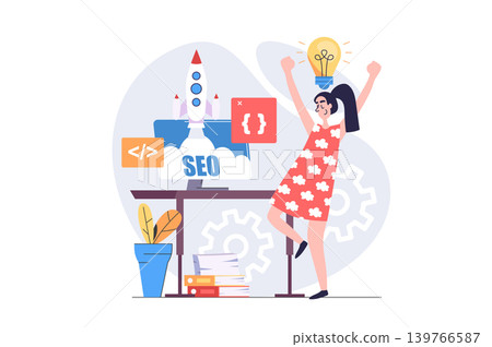 SEO optimization concept in modern flat design for web. Woman developing startup site project, analyzing and improving internet page traffic, making engine search settings. Vector illustration. SEO optimization concept in modern flat design for web. Woman developing startup site project, analyzing and improving internet page traffic, making engine search settings. Vector illustration. 139766587