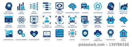 Artificial intelligence icon set in flat duotone solid icons web design. Pack pictograms with data science, deep learning, algorithm, computer, vision, automation, brain, other. Vector illustration. 139766588
