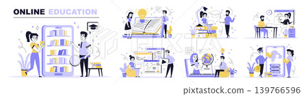 Online education concept set in flat web design. Collection with people learning distant at educational platform, read books at digital library. Flat vector illustration isolated on white background. Online education concept set in flat web design. Collection with people learning distant at educational platform, read books at digital library. Flat vector illustration isolated on white background. 139766596