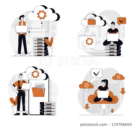 Cloud computing concept set in flat design for web. Collection with people using cloud technology, making sync and data backup, working with database and online files storage. Vector illustrations. 139766604