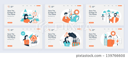 Ecology concept of landing page with slide templates set in flat design. Website headers with people stop forest fires, climate changes with warming, using alternative energy. Vector illustrations. 139766608