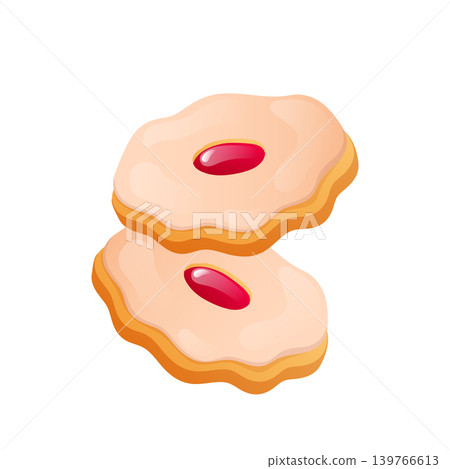 Icing cookies with jam in flat design. Frosted round desserts, bakery sweets. Vector illustration isolated. Icing cookies with jam in flat design. Frosted round desserts, bakery sweets. Vector illustration isolated. 139766613