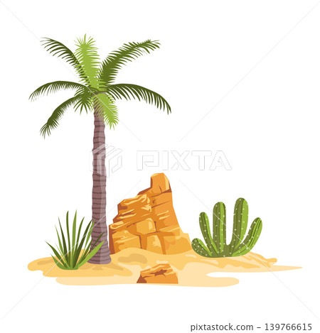 Desert landscape in flat design. Palm tree, green cactus and grass by rocks. Vector illustration isolated. Desert landscape in flat design. Palm tree, green cactus and grass by rocks. Vector illustration isolated. 139766615