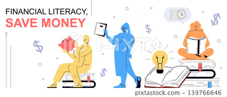 Financial literacy concept in flat cartoon design for web banner. People getting new information, saving money in piggy bank, managing personal finance and make smart investition. Vector illustration. 139766646