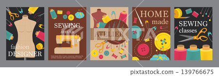 Sewing atelier typography template posters. Vertical covers with mannequin, threads, needles, machine, pins, scissors, other tailor sings. Modern banners set in minimalism design. Vector illustration. Sewing atelier typography template posters. Vertical covers with mannequin, threads, needles, machine, pins, scissors, other tailor sings. Modern banners set in minimalism design. Vector illustration. 139766675