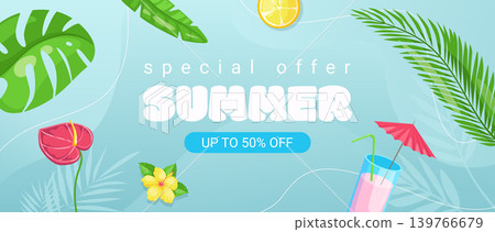 Summer horizontal sale banner. Shopping promotion poster template with tropical palm tree and monstera leaves, calla lily and hibiscus flowers, beach soft cocktail, lemon slice. Vector illustration. Summer horizontal sale banner. Shopping promotion poster template with tropical palm tree and monstera leaves, calla lily and hibiscus flowers, beach soft cocktail, lemon slice. Vector illustration. 139766679