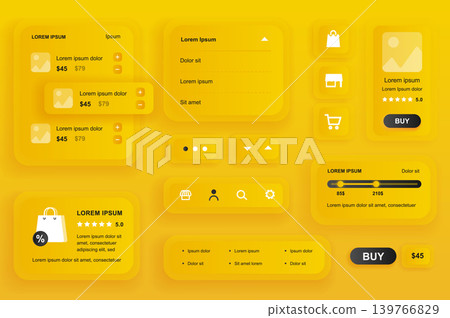 GUI elements for shopping mobile app. Shopping platform, product rating, review and pricing user interface generator. Unique ui ux design kit vector illustration. Navigation and search form components GUI elements for shopping mobile app. Shopping platform, product rating, review and pricing user interface generator. Unique ui ux design kit vector illustration. Navigation and search form components 139766829