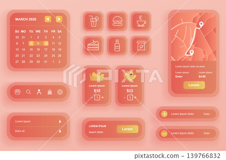 GUI elements for food delivery mobile app. Online food order and catering service user interface generator. Unique ui ux design kit vector illustration. Schedule, menu and route on map components. GUI elements for food delivery mobile app. Online food order and catering service user interface generator. Unique ui ux design kit vector illustration. Schedule, menu and route on map components. 139766832