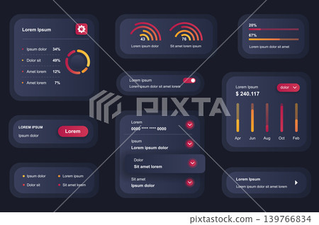 GUI elements for business analytics mobile app. Statistics diagrams and financial indexes user interface generator. Unique ui ux design kit vector illustration. Information visualisation components. 139766834