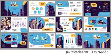 Real estate presentation slides templates from infographic elements and vector illustration. Can be used for presentation real estate agency, brochure, marketing, annual report, banner, booklet. 139766846