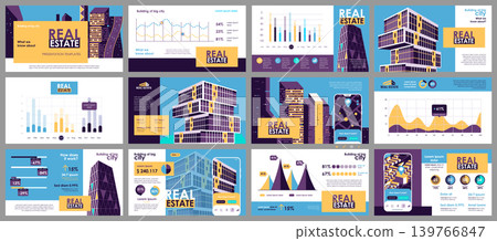 Real estate presentation slides templates from infographic elements and vector illustration. Can be used for presentation real estate agency, brochure, marketing, annual report, banner, booklet. Real estate presentation slides templates from infographic elements and vector illustration. Can be used for presentation real estate agency, brochure, marketing, annual report, banner, booklet. 139766847