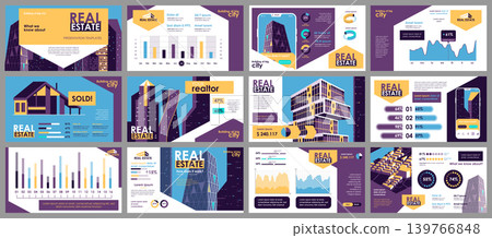 Real estate presentation slides templates from infographic elements and vector illustration. Can be used for presentation real estate agency, brochure, marketing, annual report, banner, booklet. Real estate presentation slides templates from infographic elements and vector illustration. Can be used for presentation real estate agency, brochure, marketing, annual report, banner, booklet. 139766848