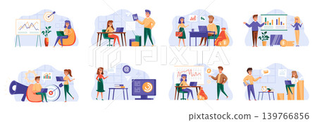 Marketing strategy bundle with people characters. Marketing department teamwork, research and presentation in office situations. Social media and digital content marketing flat vector illustration. Marketing strategy bundle with people characters. Marketing department teamwork, research and presentation in office situations. Social media and digital content marketing flat vector illustration. 139766856