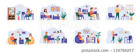 Coworking office bundle with people characters. Designers and developers communicate and working together in coworking space situations. Emploees and frelancers at workplace flat vector illustration Coworking office bundle with people characters. Designers and developers communicate and working together in coworking space situations. Emploees and frelancers at workplace flat vector illustration 139766857