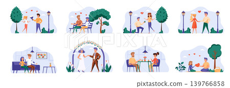 Love couple bundle with people characters. Happy Valentines Day in park, date in caffe, man proposing girl to marry, wedding ceremony situations. Romantic relationship flat vector illustration. 139766858