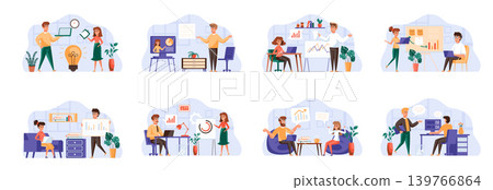 Business meeting scenes bundle with people characters. Negotiation of partners, manager making presentation, teamwork of colleagues in office situations. Corporate partnership flat vector illustration Business meeting scenes bundle with people characters. Negotiation of partners, manager making presentation, teamwork of colleagues in office situations. Corporate partnership flat vector illustration 139766864