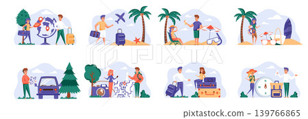 Travel vacation scenes bundle with people characters. Tourists hiking with backpacks, young couple relaxing on tropical beach situations. Summer holidays and activity flat vector illustration. 139766865