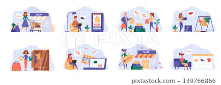 Shopping scenes bundle with people characters. People buy clothes, shoes and accessories, online order and delivery at home, discount marketplace situations. Internet shop flat vector illustration. Shopping scenes bundle with people characters. People buy clothes, shoes and accessories, online order and delivery at home, discount marketplace situations. Internet shop flat vector illustration. 139766866
