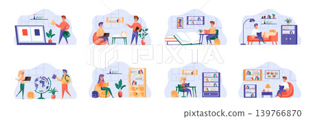 Education scenes bundle with people characters. Distance learning and self education, students study at home, read book in library situations. Online education platform flat vector illustration. Education scenes bundle with people characters. Distance learning and self education, students study at home, read book in library situations. Online education platform flat vector illustration. 139766870